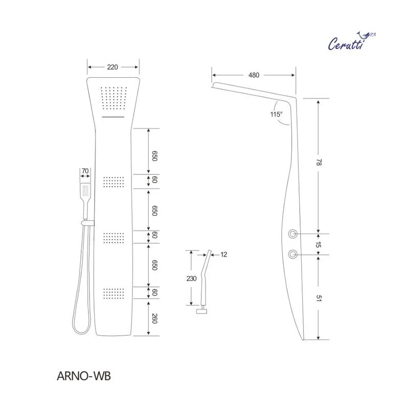 Душевая панель Ceruttispa Arno CT9656 BW, с гидромассажем, черный, белый