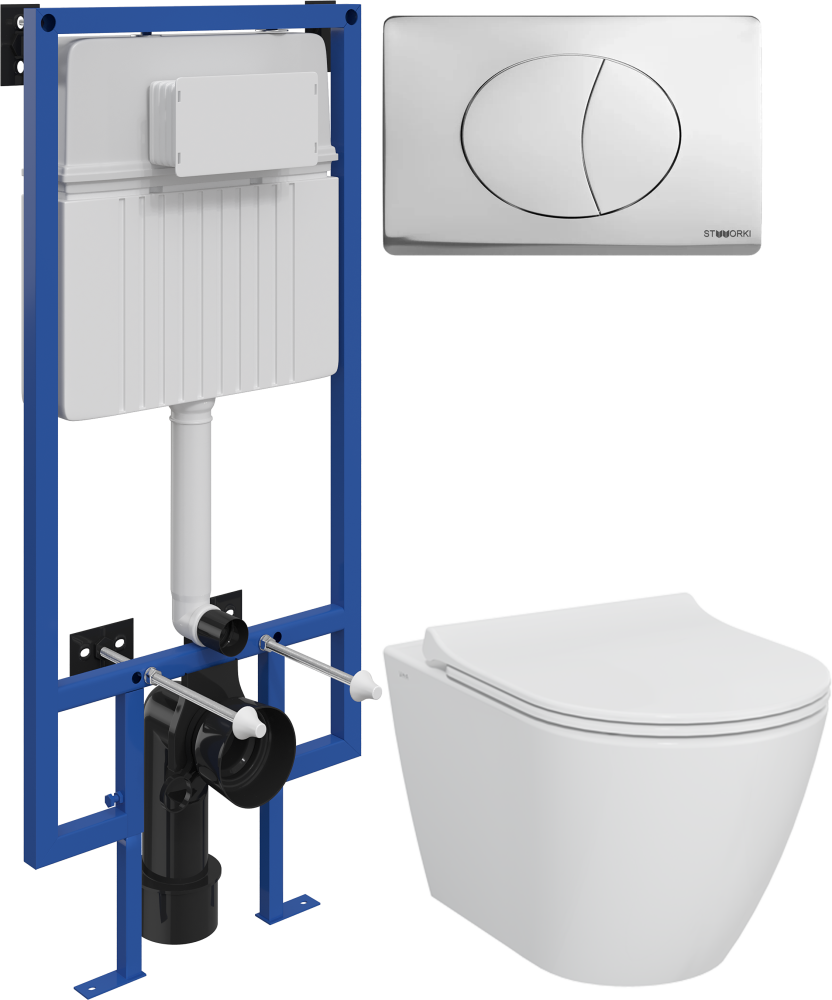 Комплект Унитаз подвесной STWORKI Молде 7551N003-7700 безободковый + Крышка 801-003-019 с микролифтом + Инсталляция + Кнопка 230822 хром глянцевый