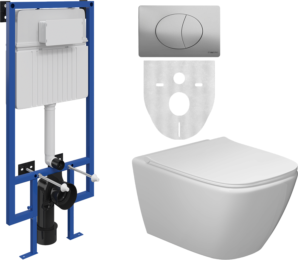 Комплект Унитаз подвесной STWORKI Карлстад 5610 безободковый + Крышка Lento 0405 с микролифтом + Инсталляция + Кнопка 230823 хром матовый
