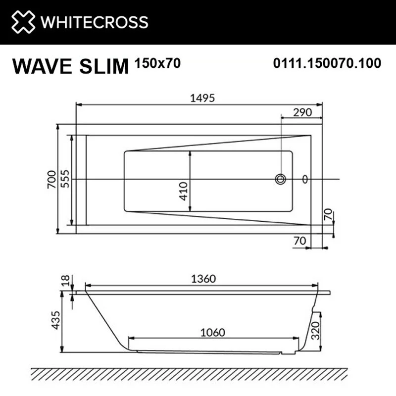 Акриловая ванна Whitecross Wave Slim 0111.150070.100.SOFT.CR хром, белый