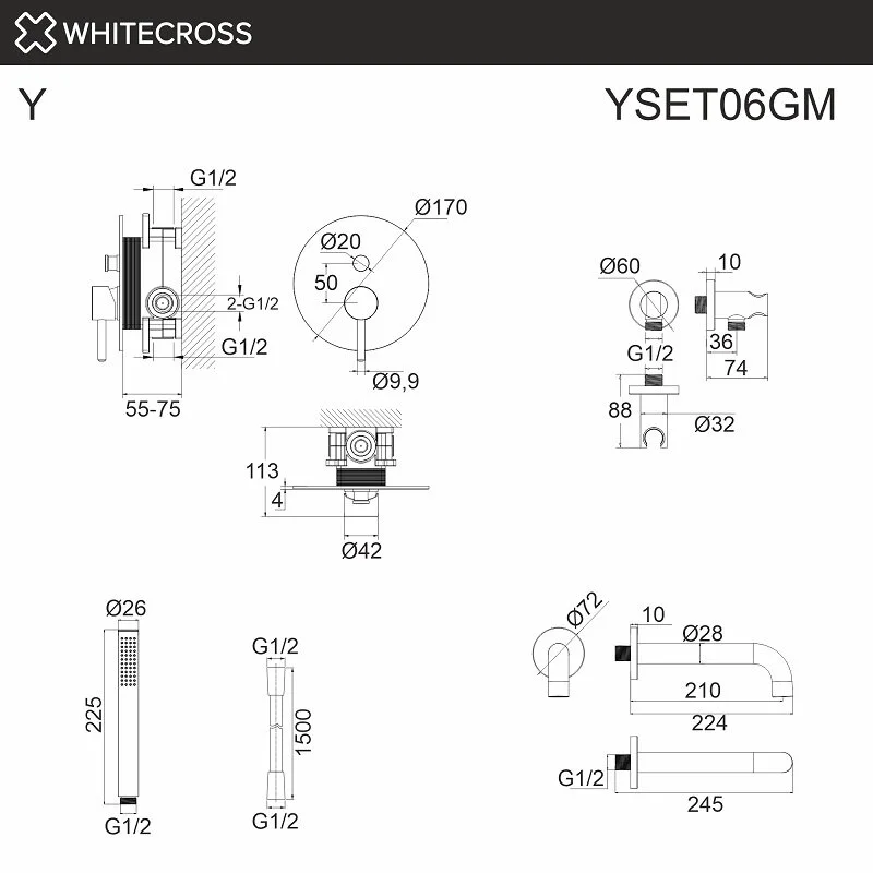 Смеситель для ванны с душем Whitecross Y Gunmetal YSET06GM серый