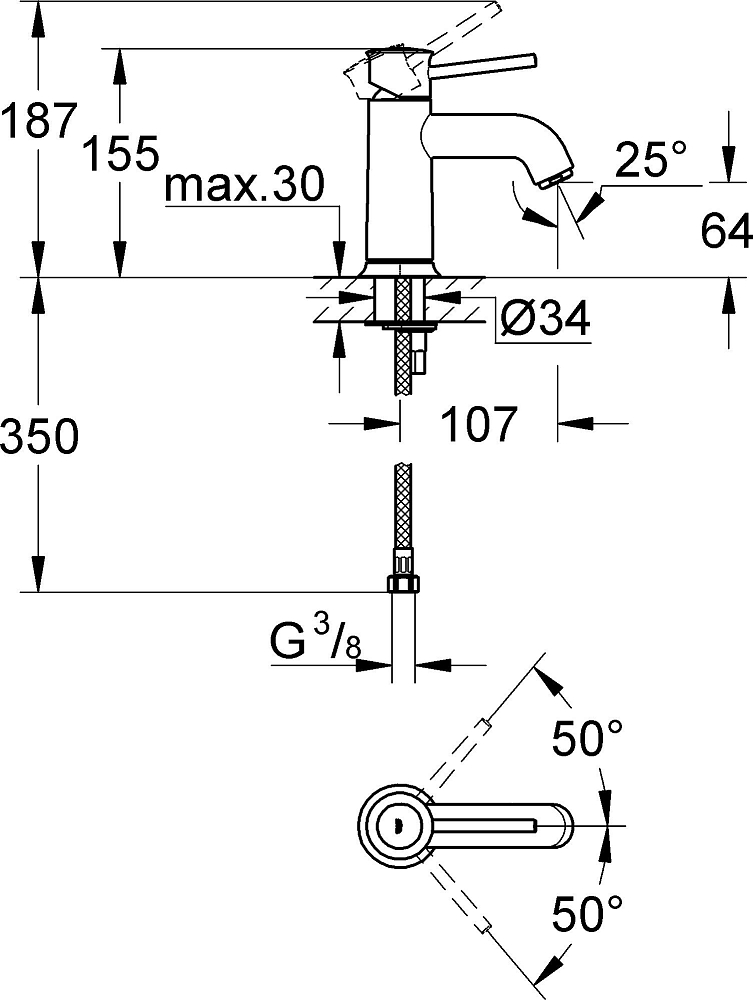 Комплект для ванной Смеситель Grohe BauClassic 23162000 для раковины + Смеситель Grohe BauClassic 32865000 для ванны с душем + Душевой гарнитур Grohe