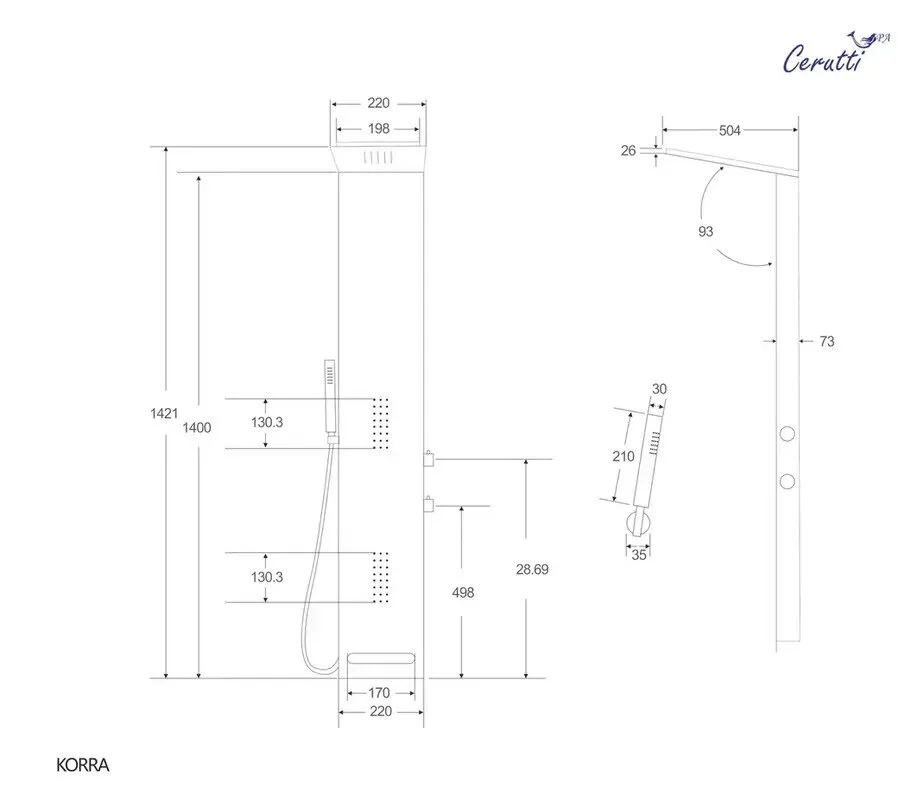 Душевая панель Ceruttispa Korra B, с гидромассажем, черная глянцевая, CT9258