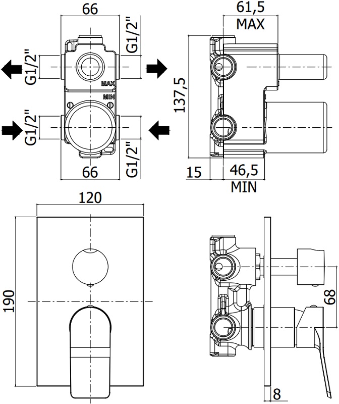 Смеситель для душа Paffoni Tilt TI018ST/M с внутренней частью, сталь