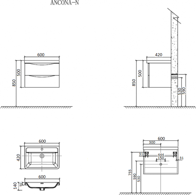 Тумба для комплекта BelBagno ANCONA-N-600-2C-SO-WO rovere bianco