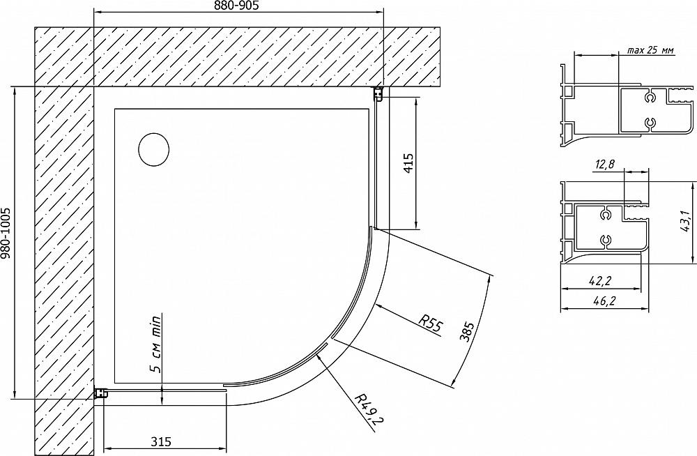 Душевой уголок Vegas Glass ZS-F 100*90 05 01, профиль бронза, стекло прозрачное