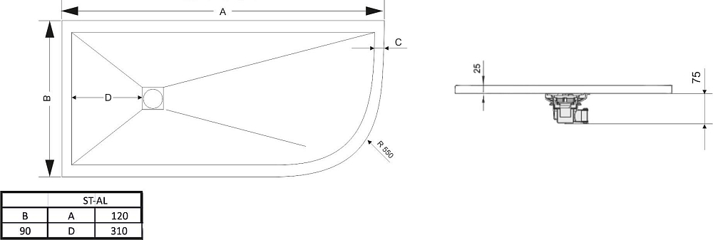 Поддон для душа RGW Stone Tray ST/AL-0129G 90х120 с сифоном