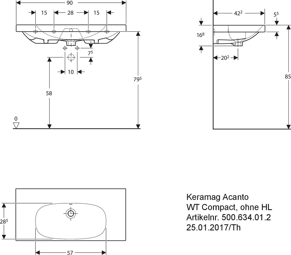 Раковина 90 см Geberit (Keramag) Acanto Compact 500.634.01.8, белый