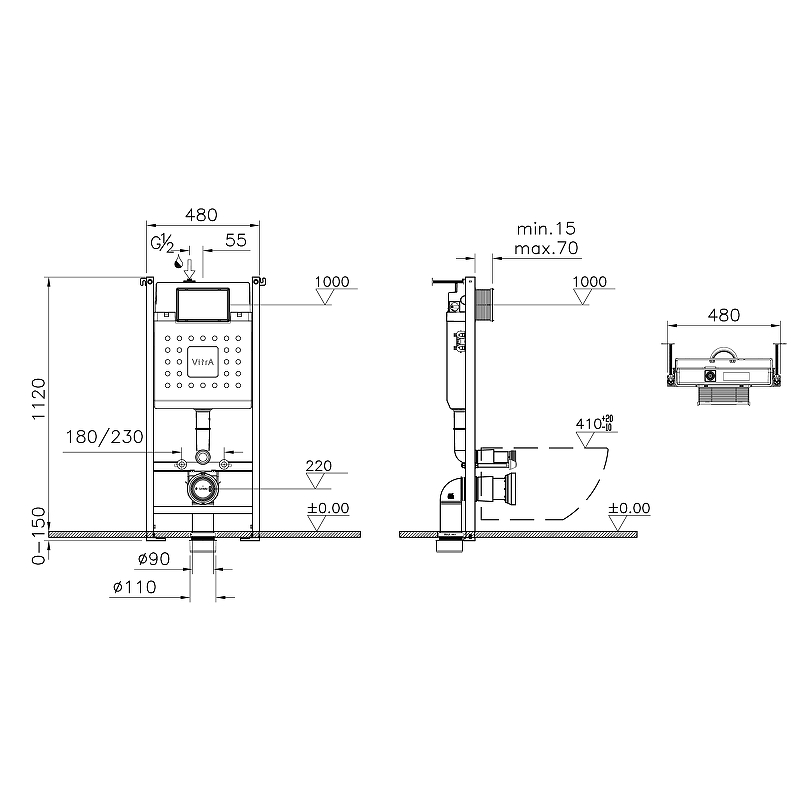 Комплект унитаза с инсталляцией Vitra Mia Round SmoothFlush 9856B003-7200 сиденье микролифт, клавиша смыва хром