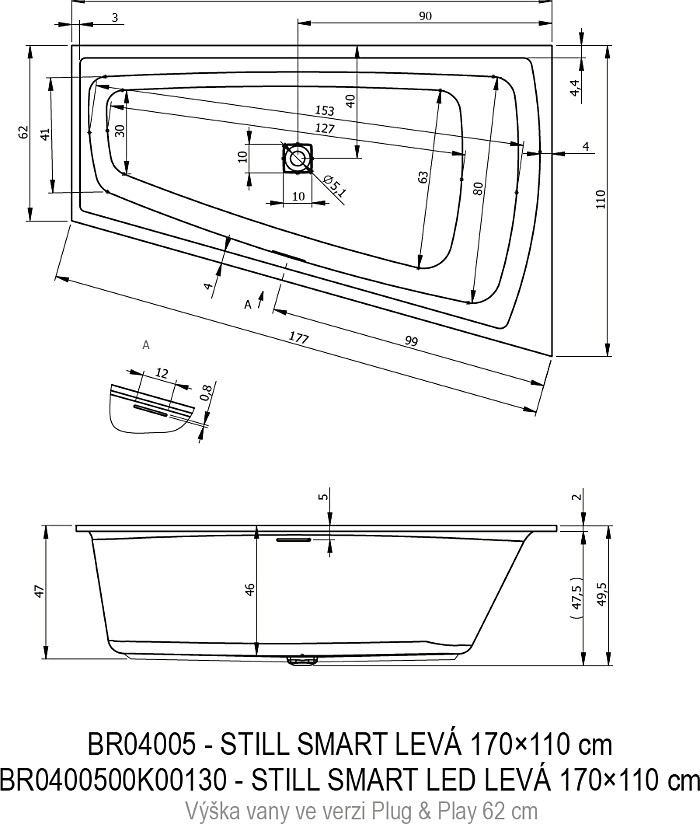 Акриловая ванна Riho Still Smart 170x110 LED L B102011005, заполнение через перелив