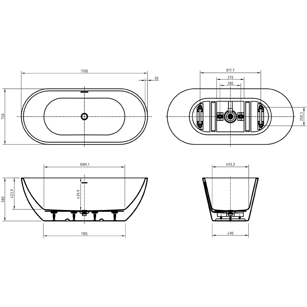 Акриловая ванна BelBagno Uno BB701-1700-750-K 170x75, белый