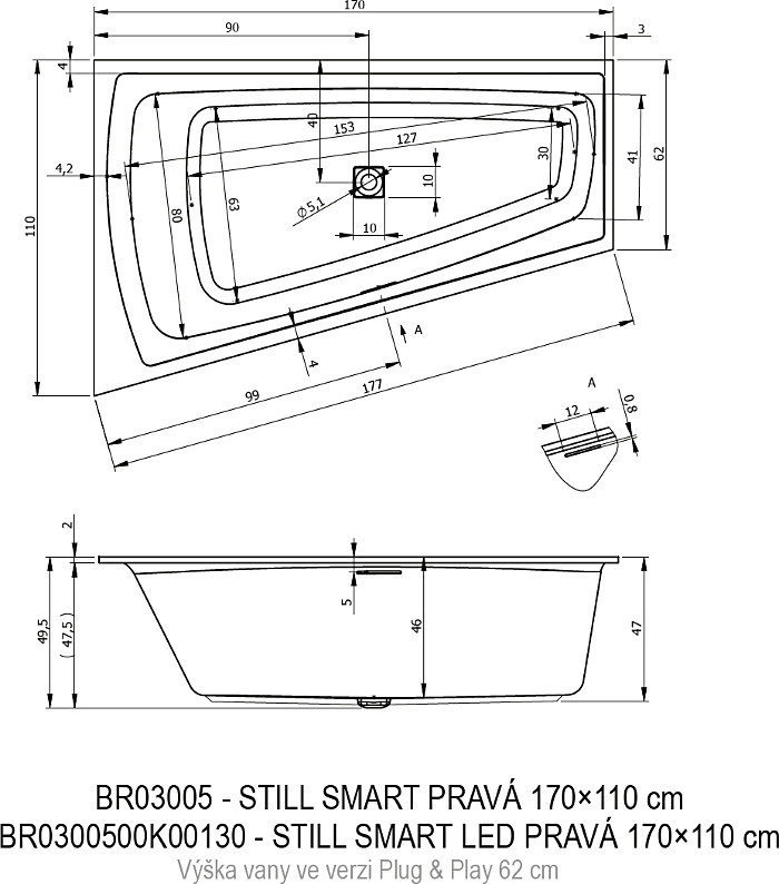 Акриловая ванна Riho Still Smart 170x110 LED R B101010005, заполнение через перелив