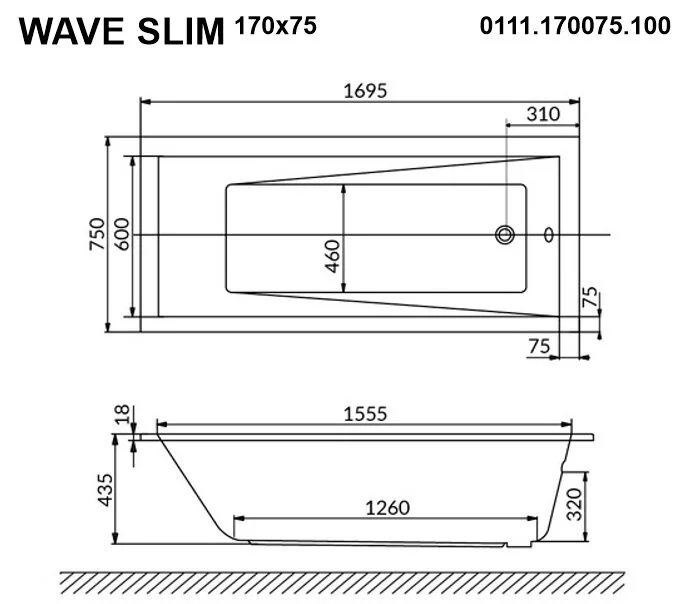 Акриловая ванна Whitecross Wave Slim 0111.170075.100.LINENANO.CR хром, белый