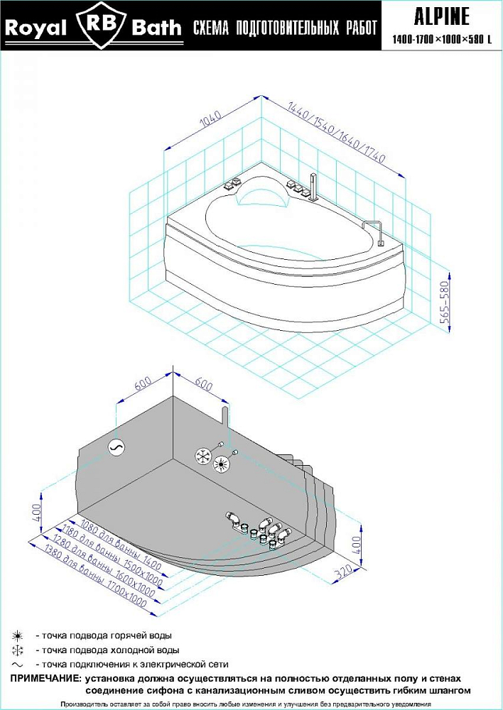 Акриловая ванна Royal Bath Alpine Standart 140х95 см RB819103ST-L с гидромассажем