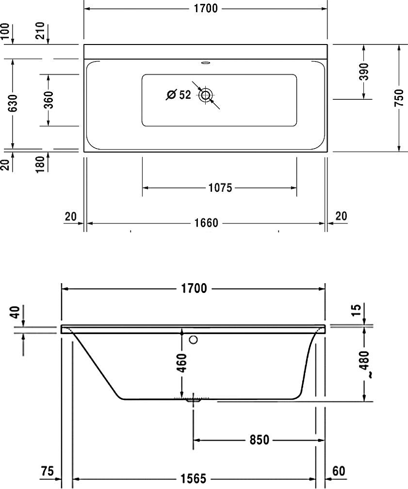 Акриловая ванна Duravit P3 Comforts SX 170х75 700375 L