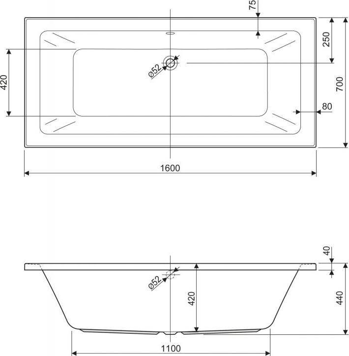 Акриловая ванна Cezares Plane 160х70 Mini-160-70-42-W37