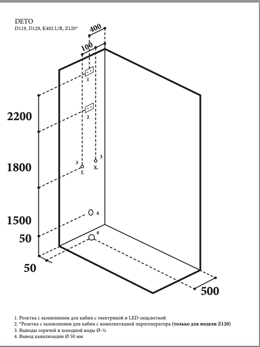 Душевая кабина Deto Z120 KERAVA 120x90 98539 с паром, профиль хром, стекло прозрачное