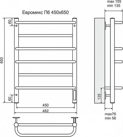 Полотенцесушитель электрический Terminus Евромикс П6 450x650 4660059930329, чёрный матовый