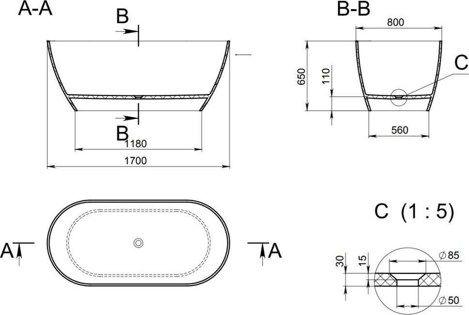 Ванна из искусственного камня Holbi Venus 170x80 SD 1.01.001.11.2, белый матовый/цветной матовый