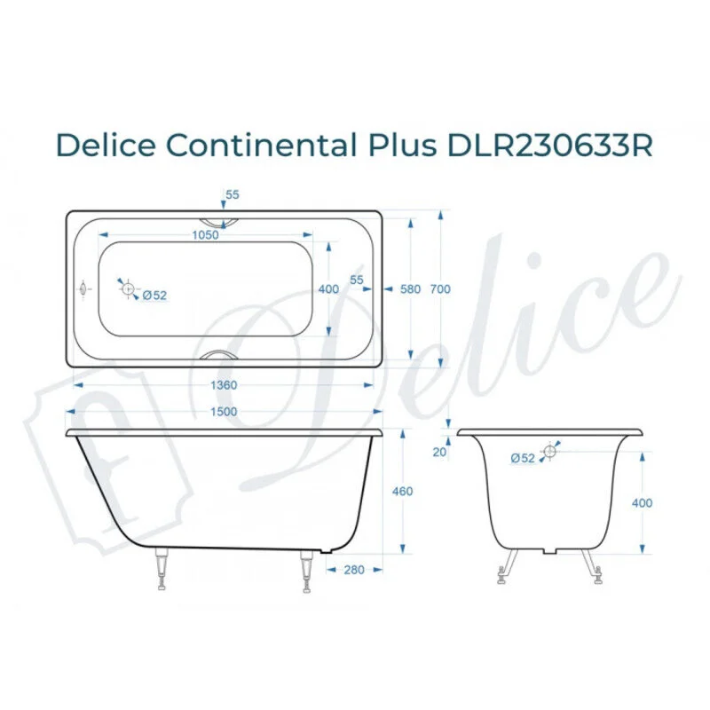 Чугунная ванна Delice Continental Plus DLR230633R белый