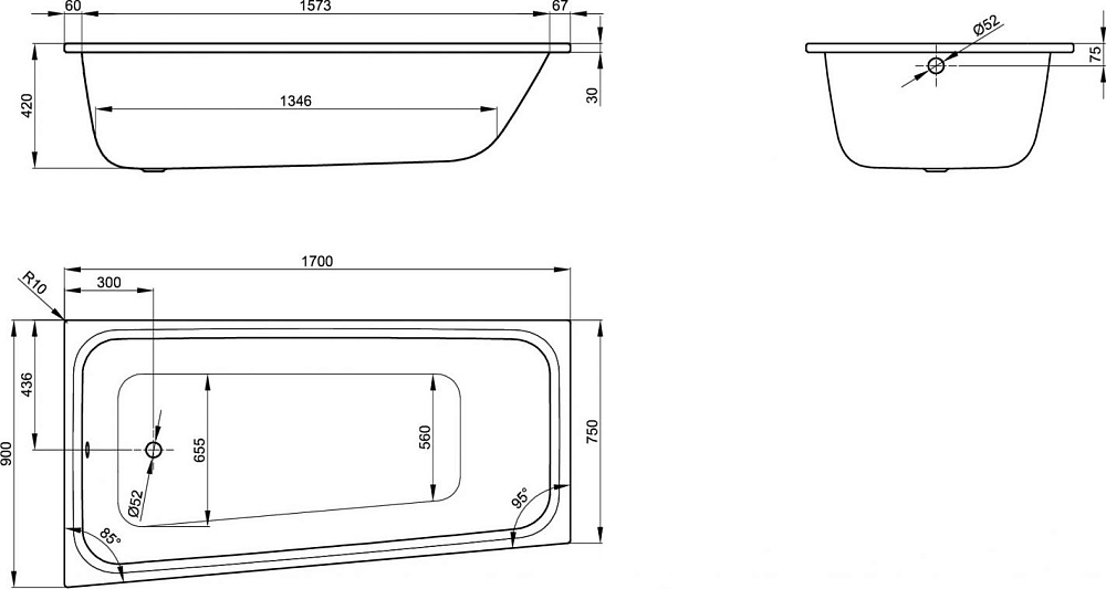 Стальная ванна Bette Space M 170x90 см 1131-000, левая