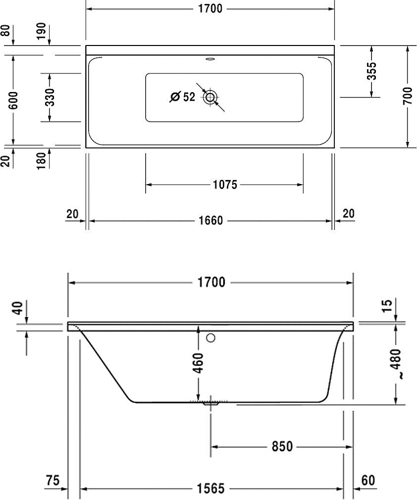 Акриловая ванна Duravit P3 Comforts SX 700373 L 170х70 700373000000000+790100000000000