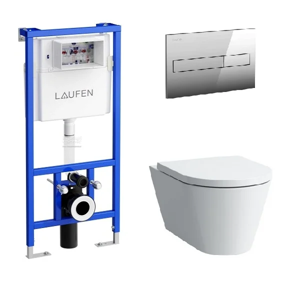 Инсталляция Laufen с безободковым унитазом Laufen Kartell Rimless 8.2033.6.000.000.1, сиденье микролифт клавиша хром, комплект