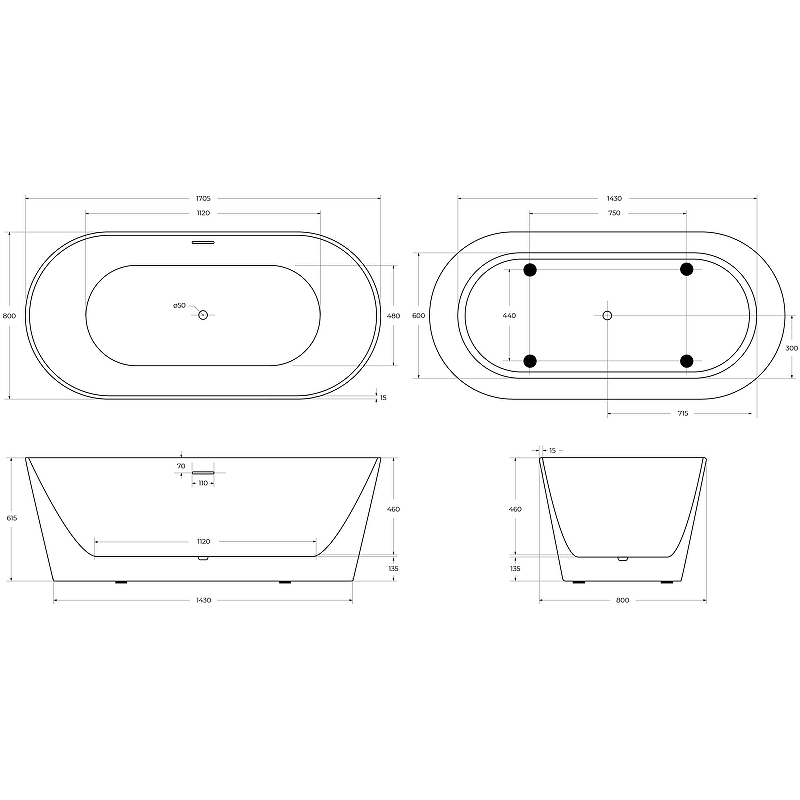 Акриловая ванна BelBagno BB416-1700-800 170x80, белый