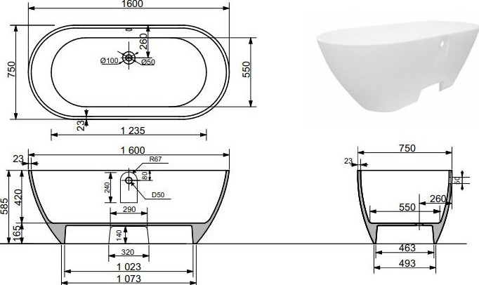 Ванна из искуственного камня Aquanet Family Stone 160х75 белый