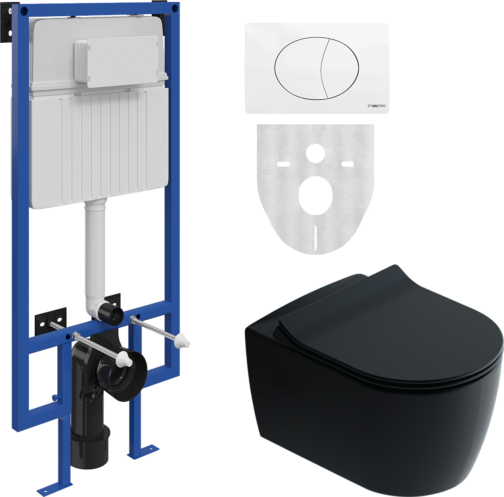 Комплект Унитаз подвесной STWORKI Ноттвиль SETK3104-2616 безободковый, с микролифтом, черный + Инсталляция + Кнопка 230824 белая
