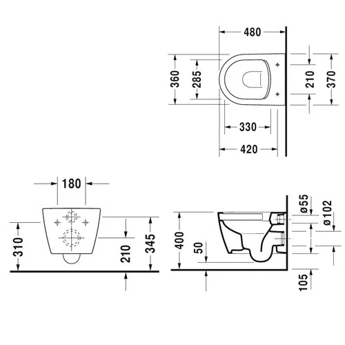 Подвесной унитаз Duravit Me by Starck Compact Rimless 2530090000, с крышкой-сиденьем SoftClose 0020190000