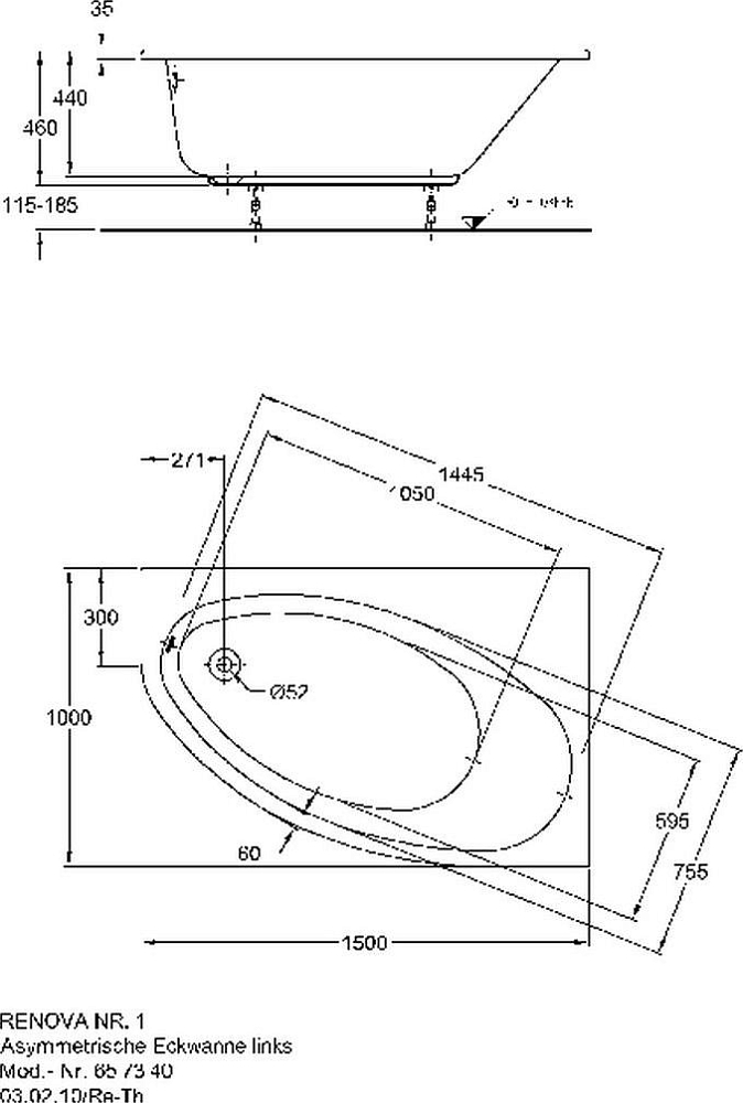 Ванна асимметричная Geberit Renova Compact 657340000, угловая левая, белый