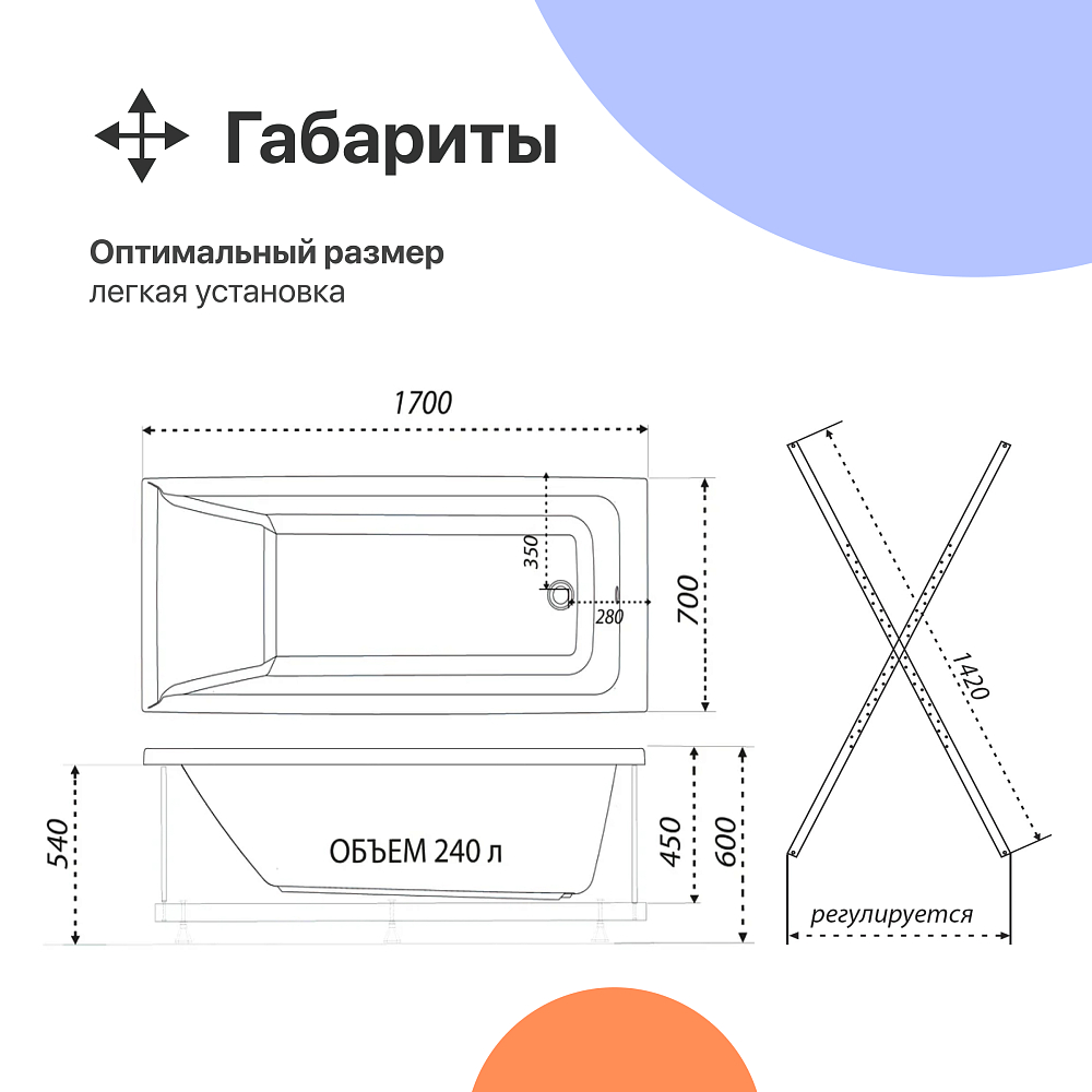 Акриловая ванна DIWO Переславль 170x70 см, с каркасом