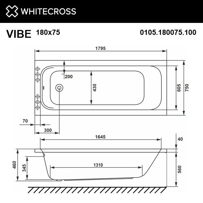 Акриловая ванна Whitecross Vibe 0105.180075.100.SMARTNANO.CR хром, белый