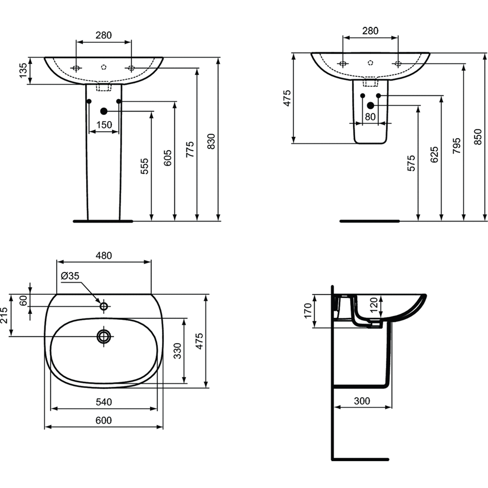 Раковина 60 см Ideal Standard Tesi T352201, белый