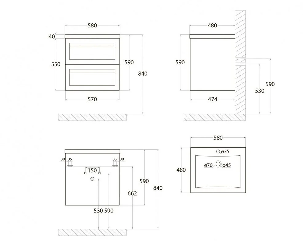 Тумба под раковину Art&Max Platino AM-Platino-580-2C-SO-CM коричневый