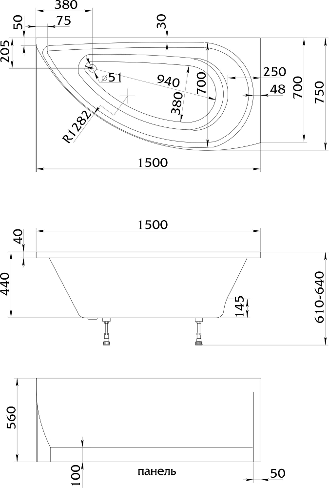 Акриловая ванна Creto Palermo 150x75 см 13-15075R, правая, белый