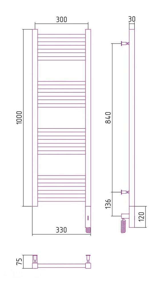 Электрический полотенцесушитель Сунержа Модус 3.0 31-5701-1030 1000x300, матовый черный