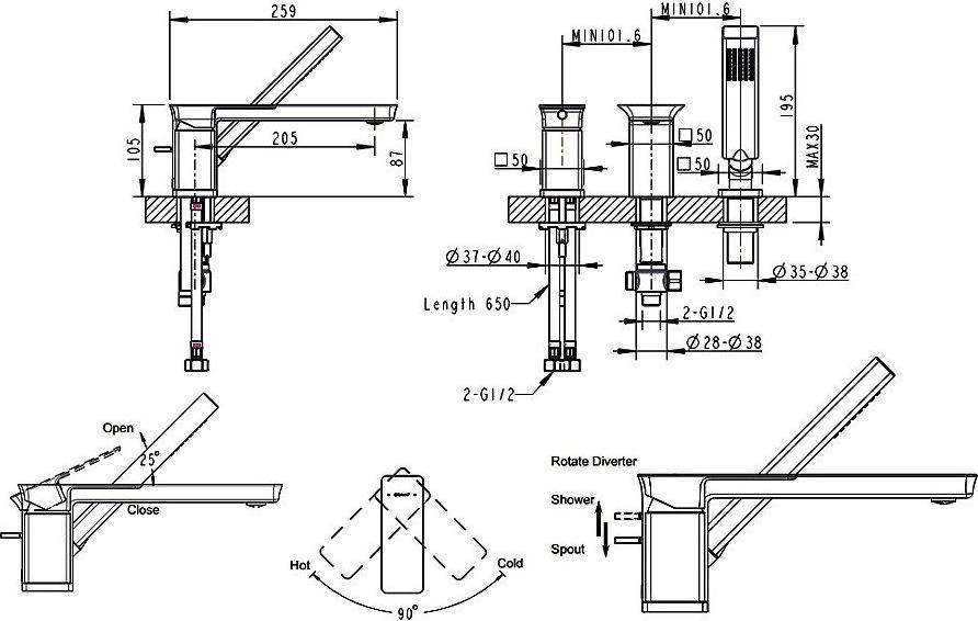 Смеситель на борт ванны Bravat Phillis F556101C-2-ENG, хром