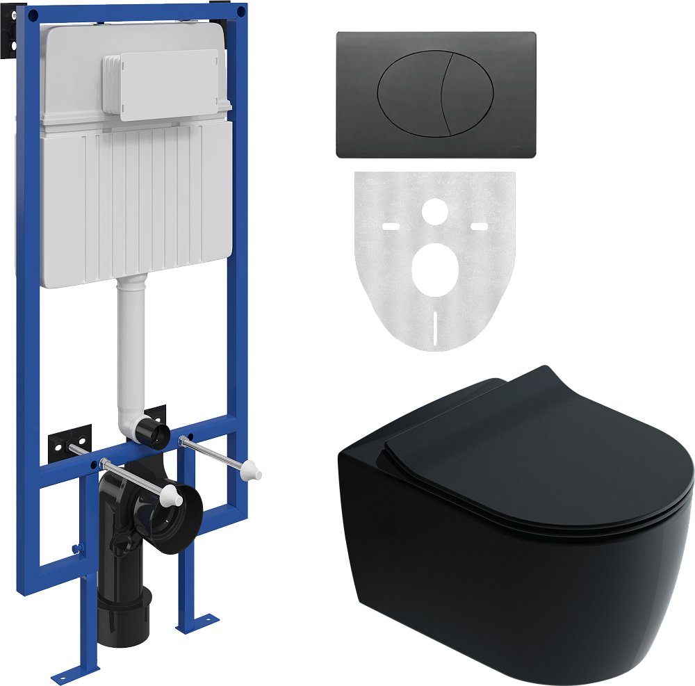 Комплект Унитаз подвесной STWORKI Ноттвиль SETK3104-2616 безободковый, с микролифтом, черный + Инсталляция + Кнопка 230858 черный матовый