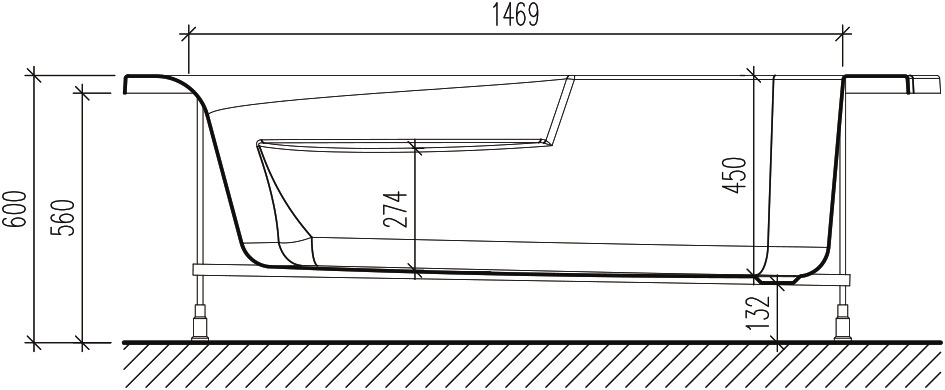 Акриловая ванна STWORKI Молде L 170x100 см, угловая, с каркасом, асимметричная