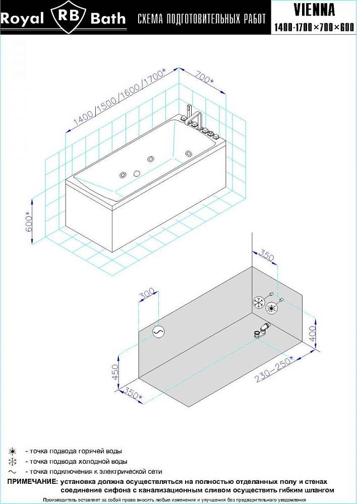 Акриловая ванна Royal Bath Vienna 160х70 см RB953202ST с гидромассажем