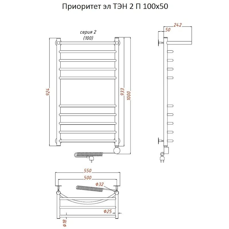 Полотенцесушитель электрический Тругор Приоритет серия 2 Приоритет2/элТЭН10050П хром