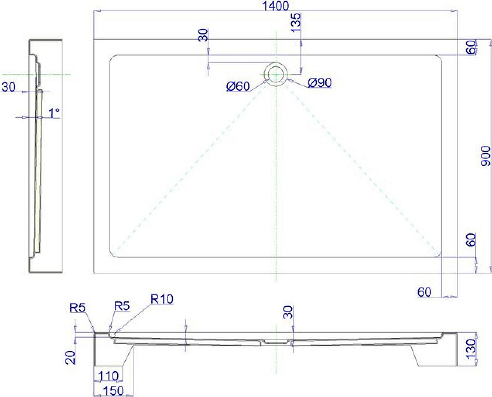 Поддон для душа 140х90 см Royal Bath HP RB9140HP белый