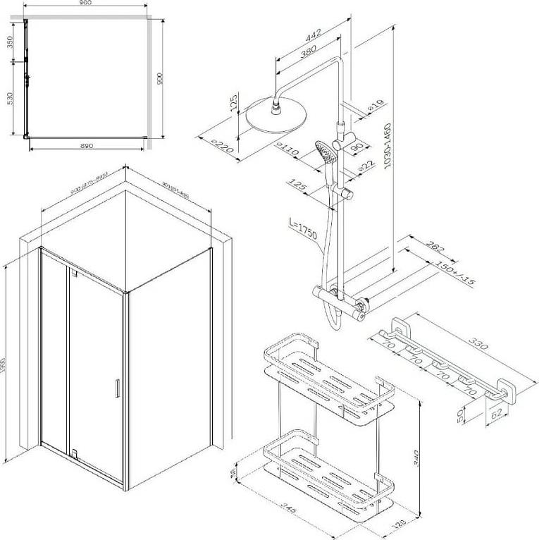 Комплект душевой уголок AM.PM Gem WK90DJ с душевой системой + крючок + полка для душа