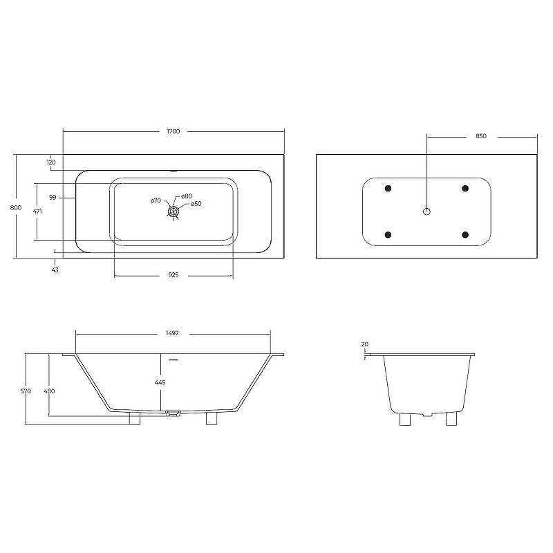 Ванна из искусственного камня Cezares CZR-SLIDER-170-80-57-SSB 170x80, белый матовый