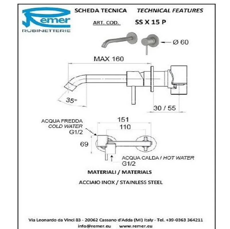 Смеситель для раковины Remer X Style Inox SSX15P серый