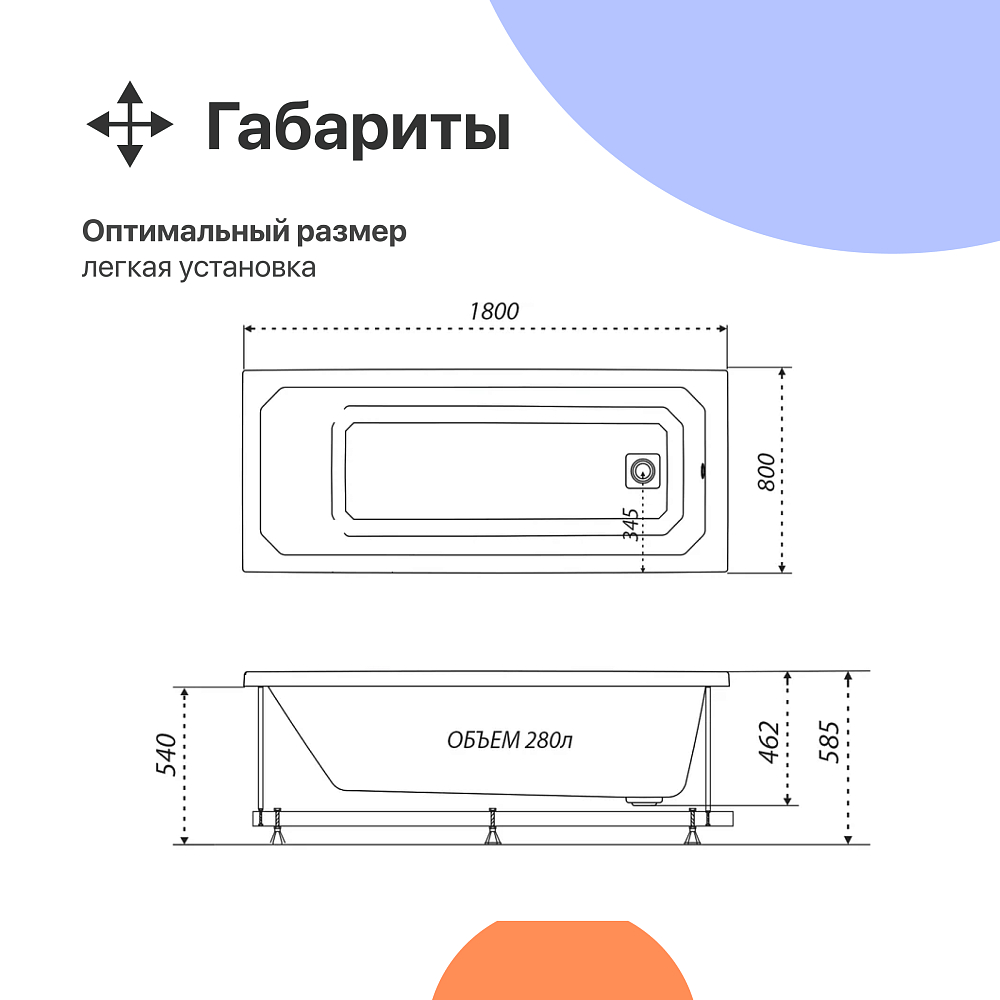 Акриловая ванна DIWO Элиста 180x80 см, с ножками