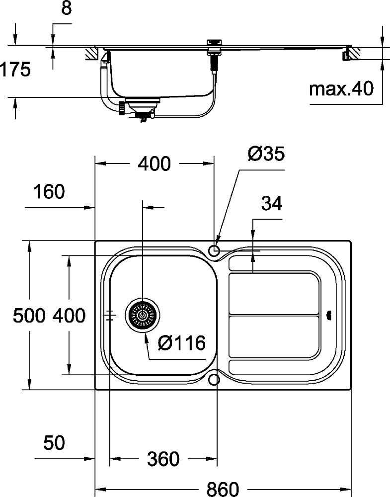 Комплект Grohe Eurosmart 31565SD0 Кухонная мойка K300 31563SD0 + Смеситель Eurosmart 33281002 для кухонной мойки