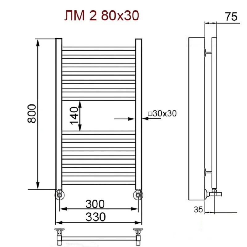 Полотенцесушитель водяной Ника Modern ЛМ 2 80/30 с вентилями хром